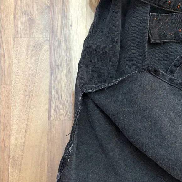 Sz XS Black Denim Long Sleeve Collar Short Dress Orange Paint Belt with Pocket - Picture 6 of 10